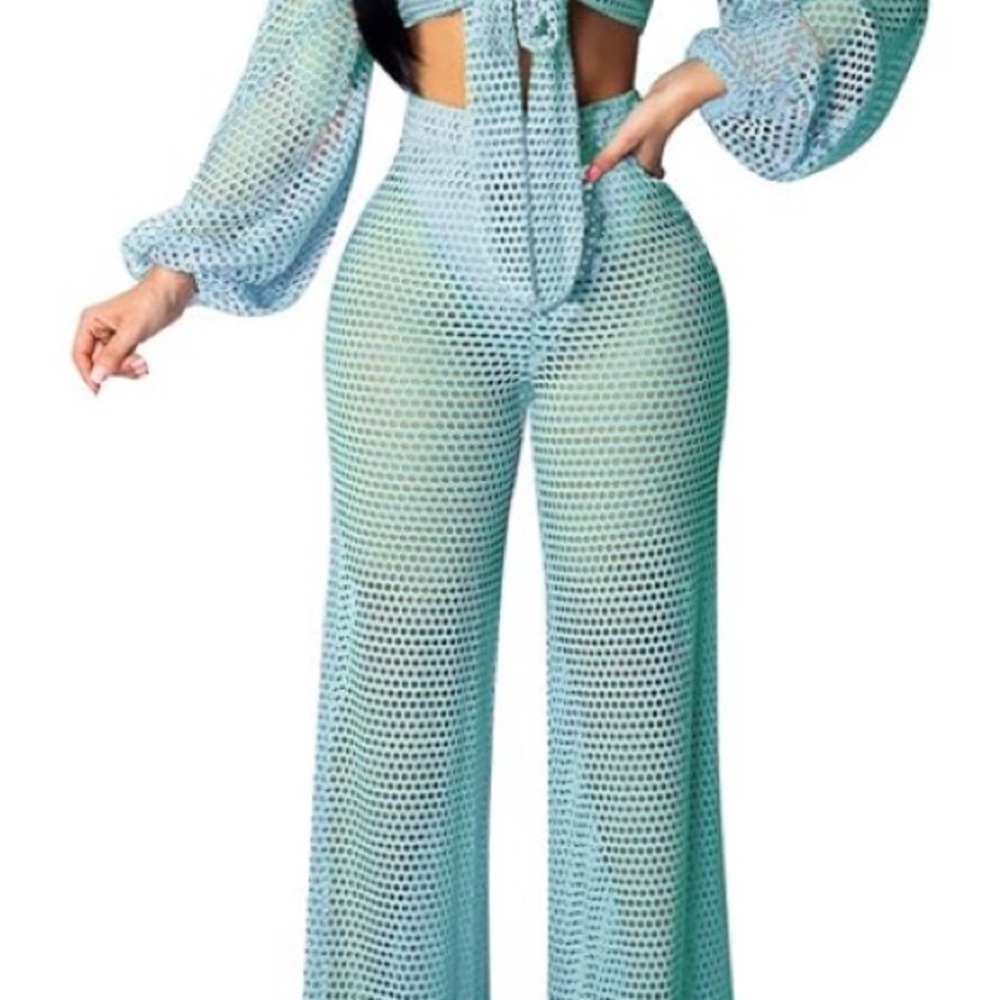 Swim Cover Up Set NWOT Crop Top, Pants, & Tie, Mesh Aqua Blue Medium